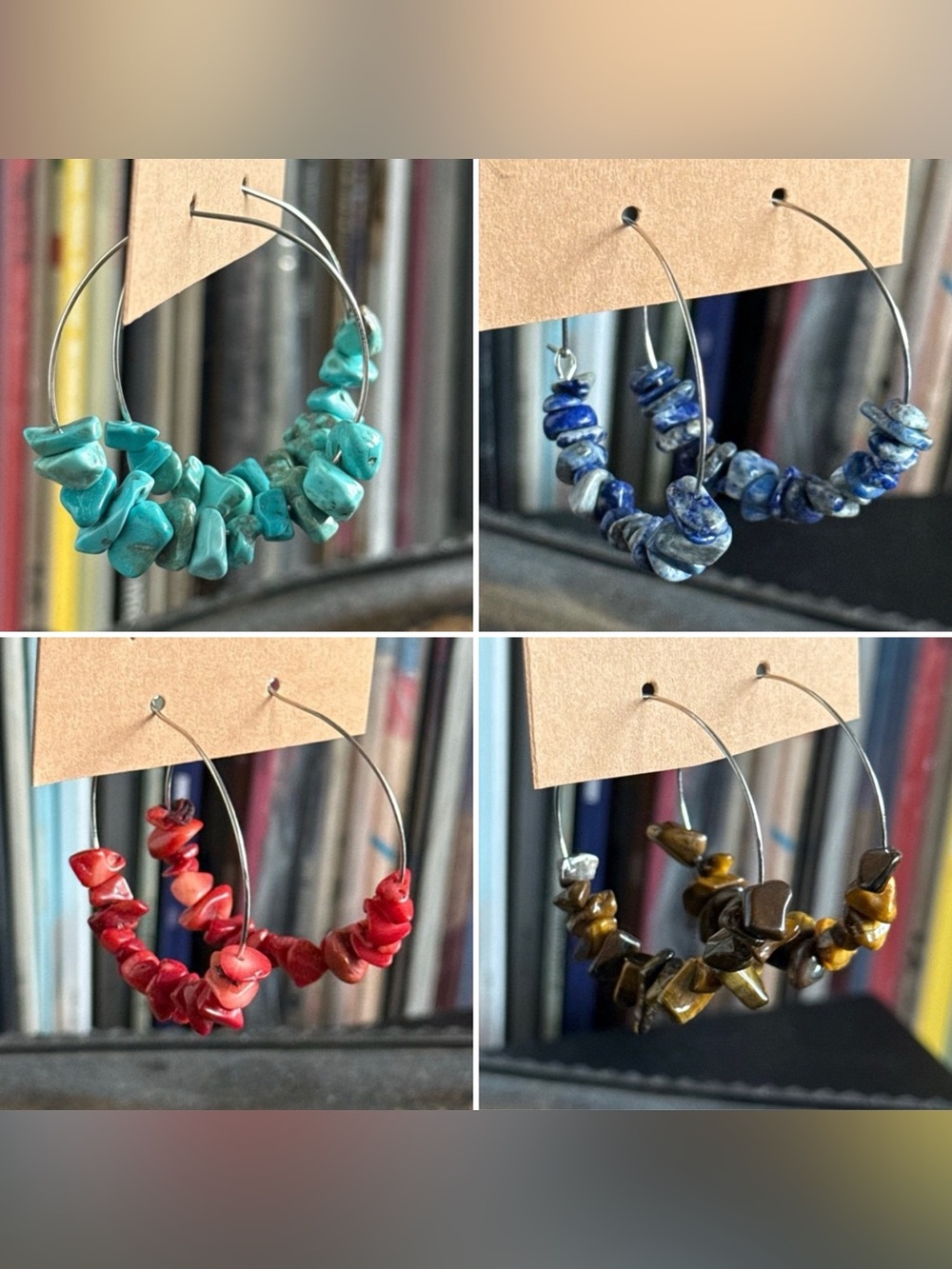 🤎 Rock & Vibe Gemstone Silver Tone Hoop Earrings Var Boho Hippie Bohemian